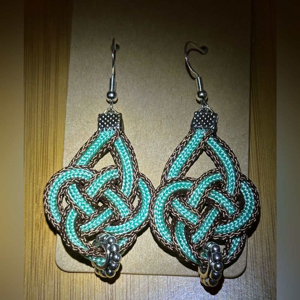 Intricate Knot Earrings in Mint Green and Brown with a Silver Bead